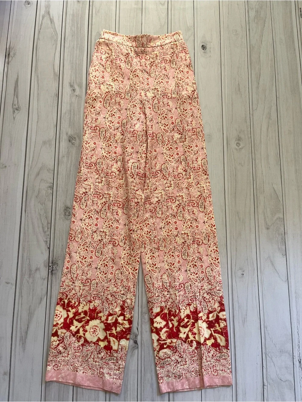 New Zara linen blend pink paisley print pull on flowy trouser pant. Size XS.